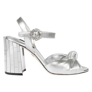 DOLCE & GABBANA Keira Laminated Metallic Leather Crystal Sandals Silver 38.5